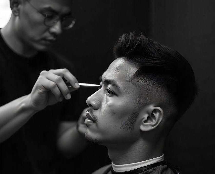 Modern black and white photo of TWENTY.TWO CUT – the best barbershop in Bangkok offering sharp men's haircuts, grooming, and a luxury experience in Sukhumvit.